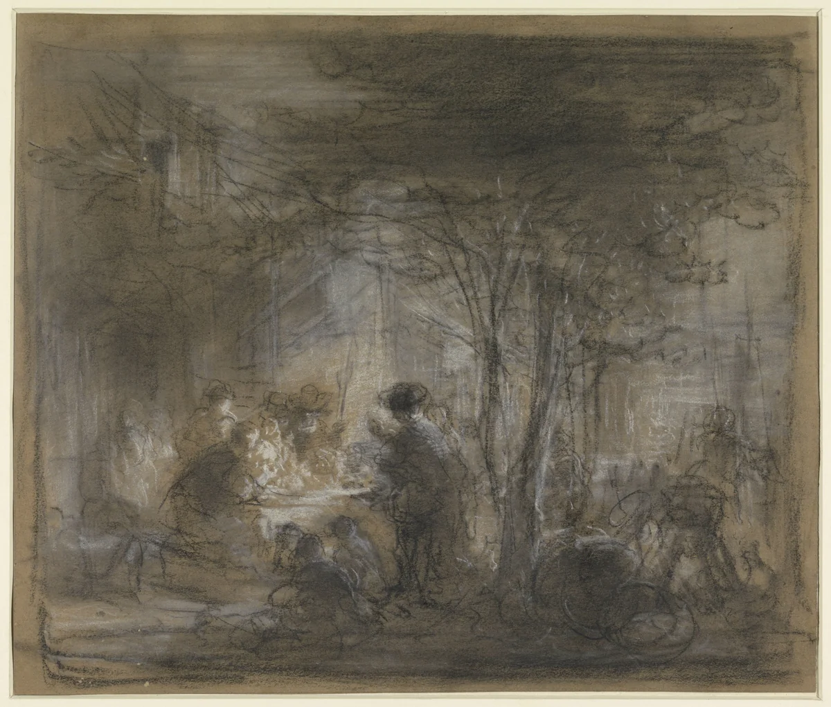 Gezelschap rond een tafel onder bomen by Eugène François de Block, drawing, 1822-1893