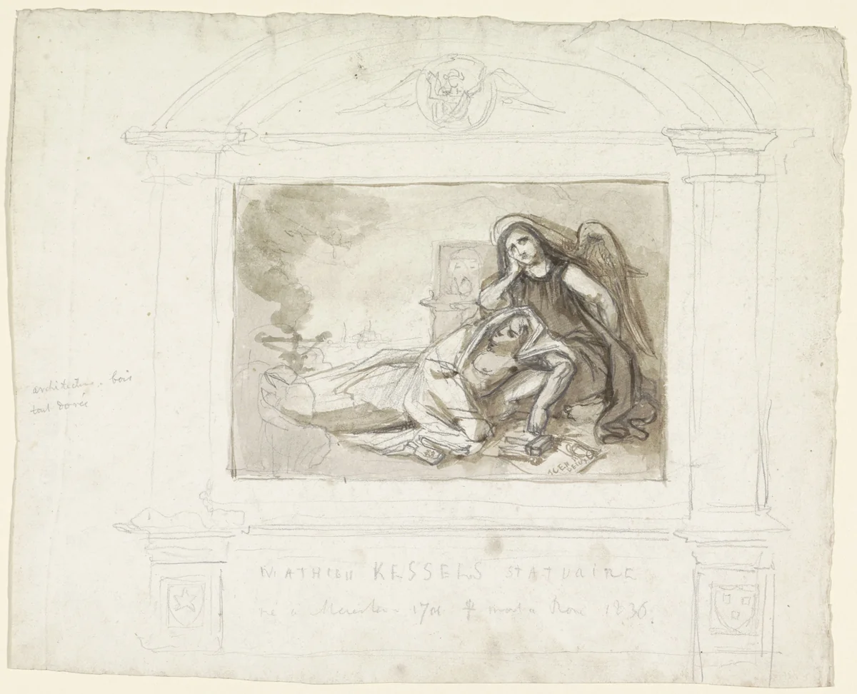 Grafmonument met treurende engel by anonymous, drawing, 1836