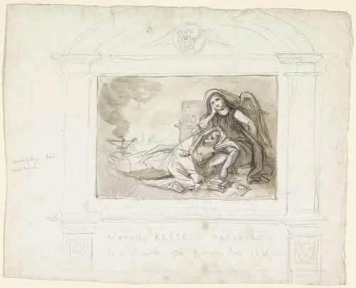 Grafmonument met treurende engel by anonymous, drawing, 1836