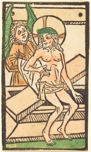 Christ Sitting on His Tomb with One Angel by German 15th Century, print, 1470-1480