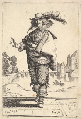 A gentleman standing in front of a large castle and wearing a plumed hat and a lace collar, the tomb with an engraving of the head of a woman on the ground to right, from "The Garden of the French Nobles In Which One Can Pick Up Their Way of Dressing" by Abraham Bosse, print, 1629