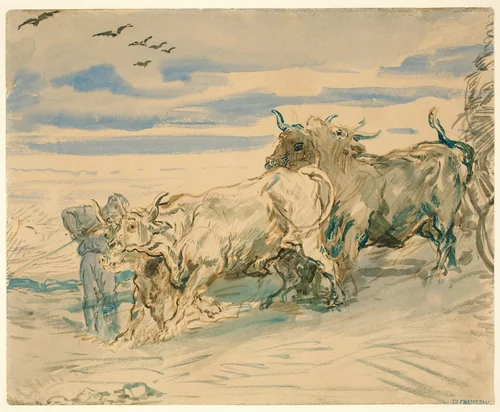 Drover with Oxen Pulling a Cart by Théodore Chassériau, drawing, 1840