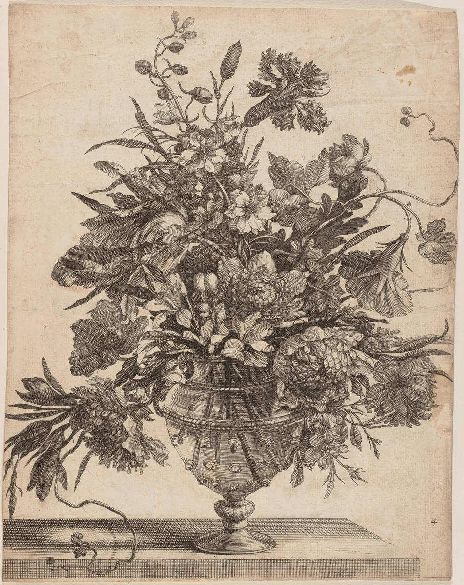 [Flowers Arranged in a Glass Vase] by Jean Baptiste Monnoyer, print, 1654-1664