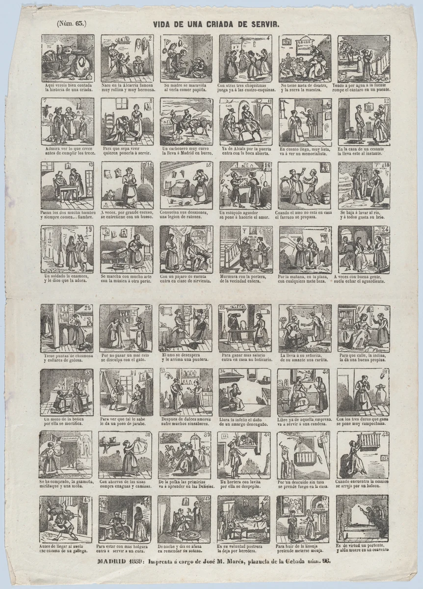 Broadside with 48 scenes depicting the life of a servant girl by José María Marés, print, 1859