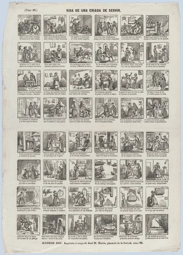 Broadside with 48 scenes depicting the life of a servant girl by José María Marés, print, 1859