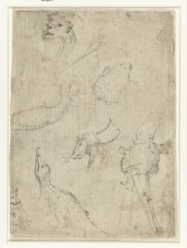 Blad met verscheidene monsters, een figuur, slak en pad by anonymous, drawing, 1390-1410