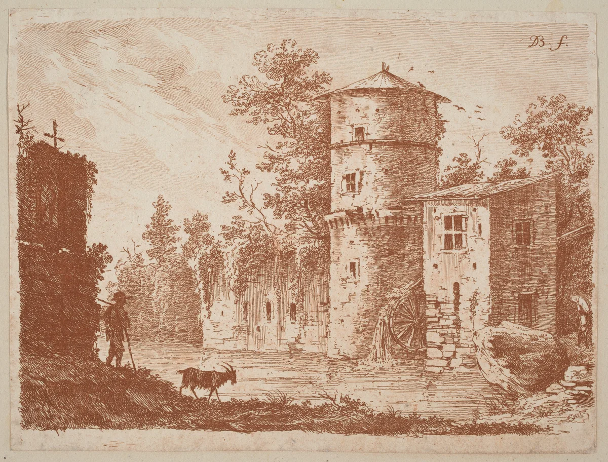 Ancient Tower at a Water Mill by Jean Jacques de Boissieu, print, 1759