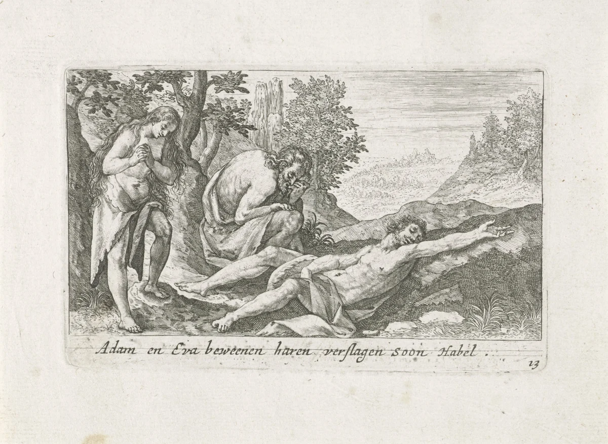Adam en Eva bewenen de dode Abel by Crispijn van de Passe, print, 1700-1750