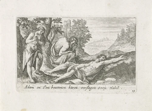 Adam en Eva bewenen de dode Abel by Crispijn van de Passe, print, 1700-1750