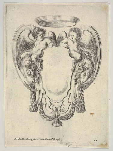 A cartouche flanked by two winged infant satyrs riding on the heads of two rams, plate 12 from "Nouvelles inventions de Cartouches" by Stefano della Bella, print, 1647
