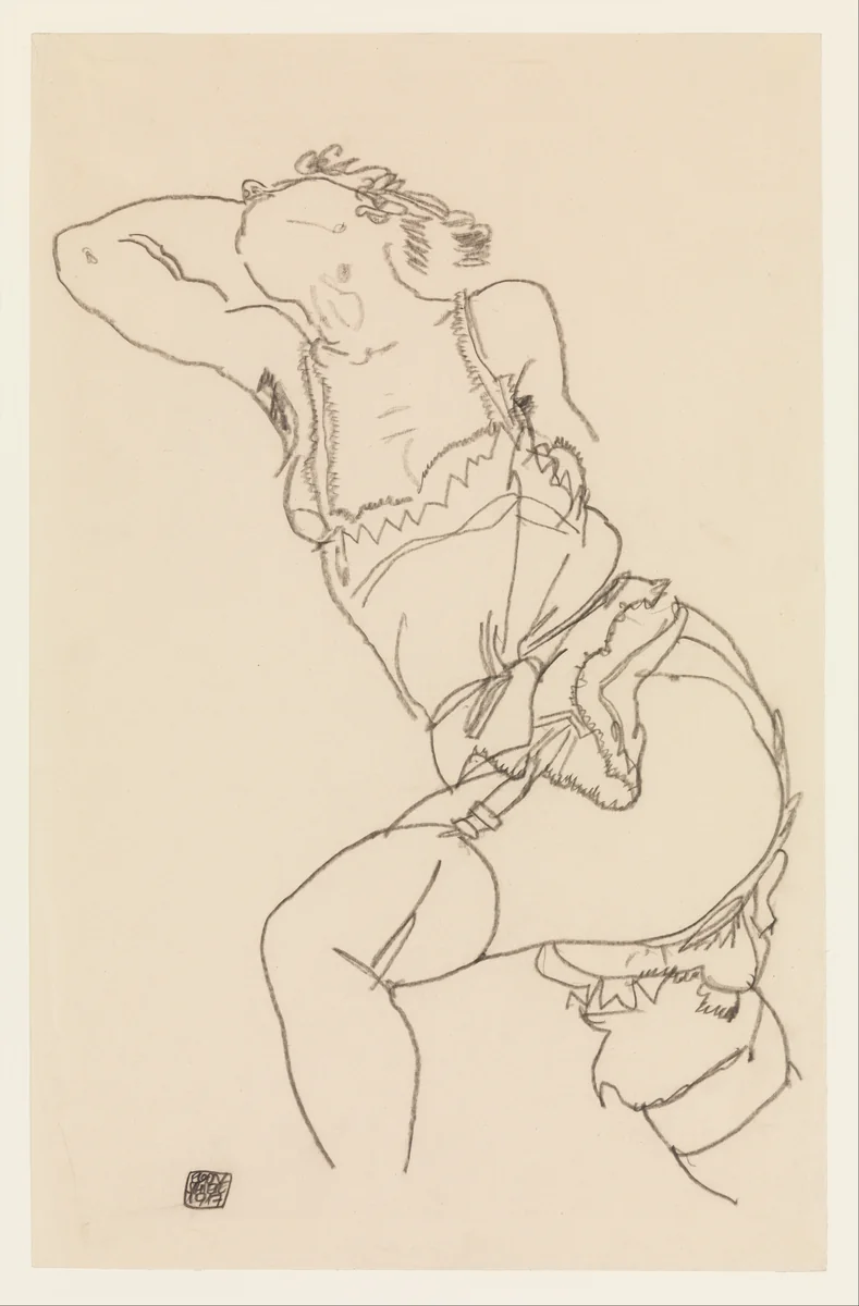 Reclining Model in Chemise and Stockings by Egon Schiele, drawing, 1917