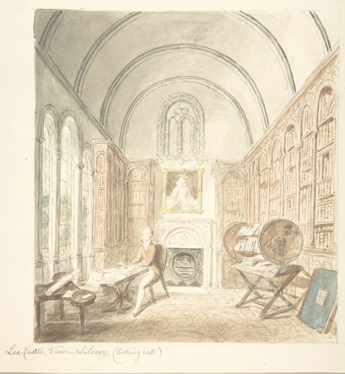 Lea Castle, View in the Library, Looking East by John Carter, drawing, 1811-1821