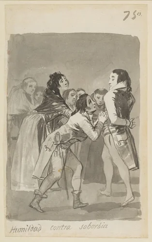 Humility versus Pride; a young man imploring an older man with other figures in front of them; folio 75 (recto) from the Madrid Album "B" by Goya, drawing, 1796-1798