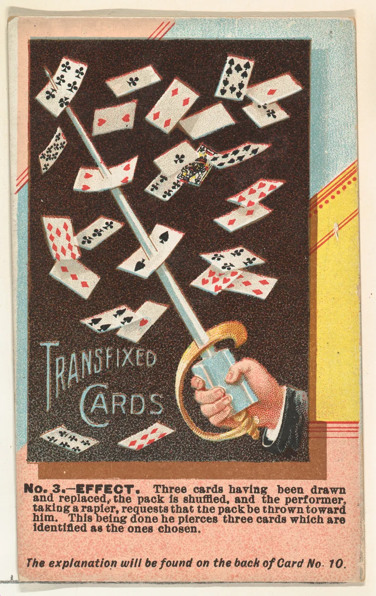 Number 3, Transfixed Cards, from the Tricks with Cards series (N138) issued by W. Duke, Sons & Co. to promote Honest Long Cut Tobacco by W. Duke, Sons & Co., print, 1887