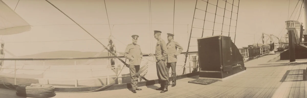 General Heiden and Two Other Men on Ship Deck, Ravel by Unidentified Photographer, photograph, 1908
