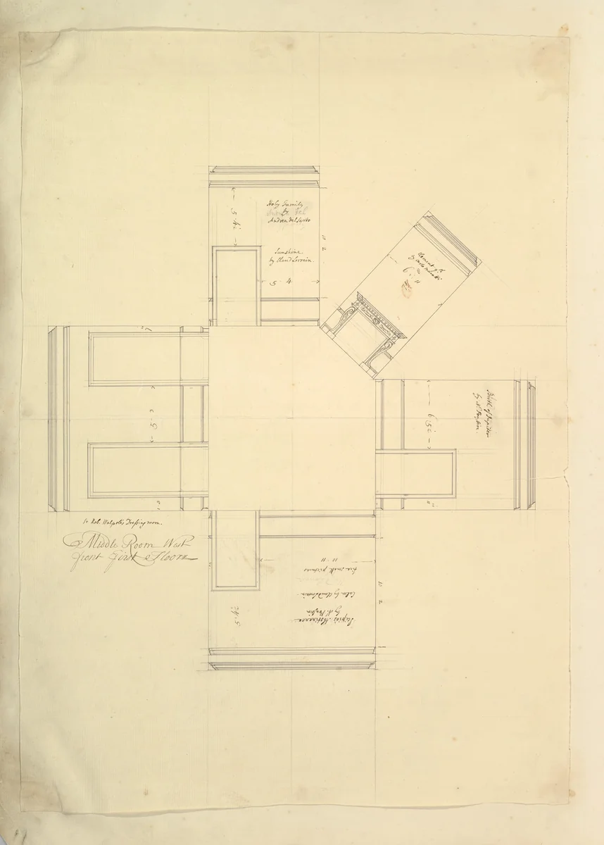 Treasury House, 10 Downing Street, London: Plan of Sir Robert Walpole's Dressing Room (Middle Room, West Front, First Floor) by Isaac Ware, drawing, 1727-1747