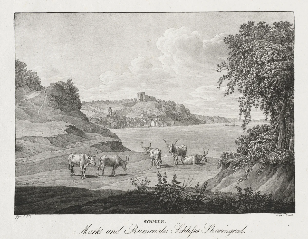 Syrmien, Markt und Ruinen des Schlosses Sharengrad by Jakob Alt, print