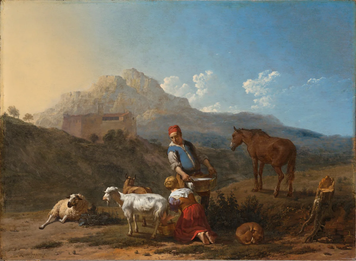 Italiaans landschap met geitenmelkster by Karel du Jardin, painting, 1652