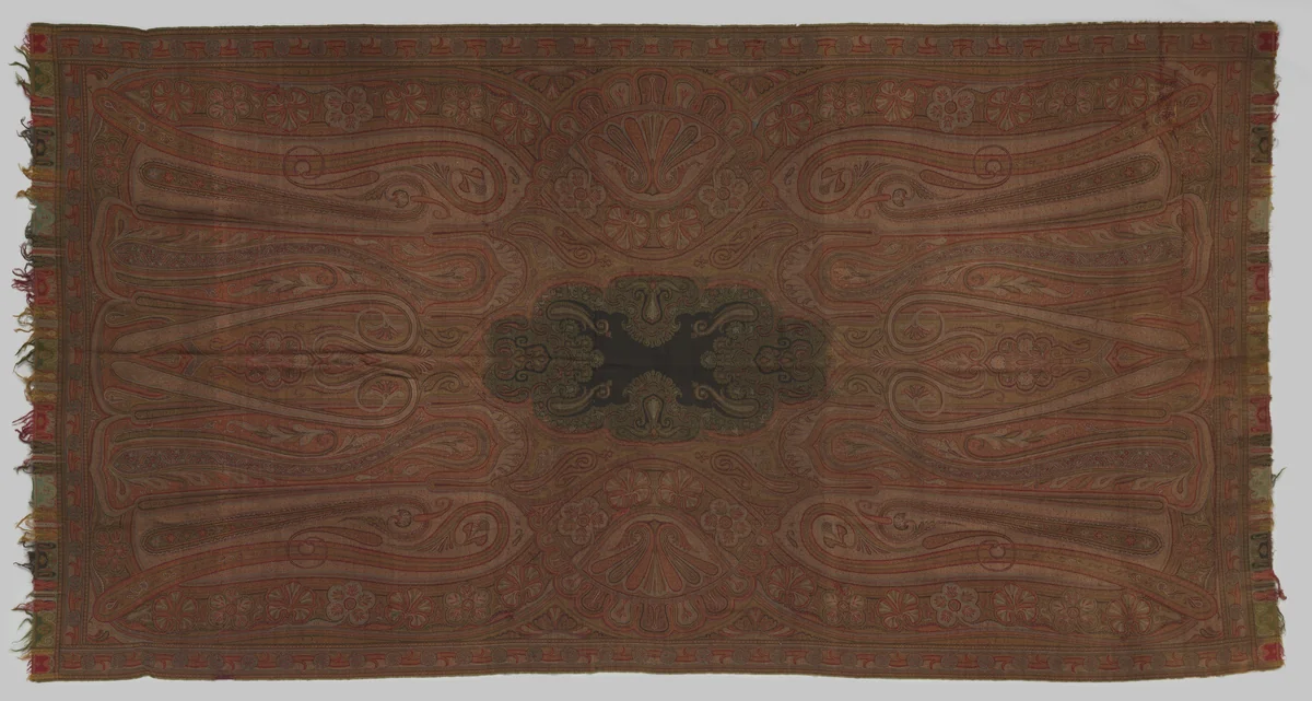Rechthoekige kasjmiersjaal met een zwarte spiegel en versierd met een veelkleurig patroon van bota's by anonymous, textile, 1850-1870
