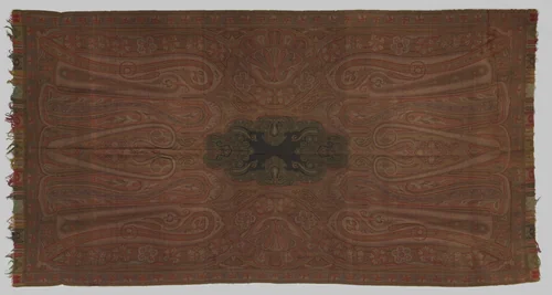 Rechthoekige kasjmiersjaal met een zwarte spiegel en versierd met een veelkleurig patroon van bota's by anonymous, textile, 1850-1870