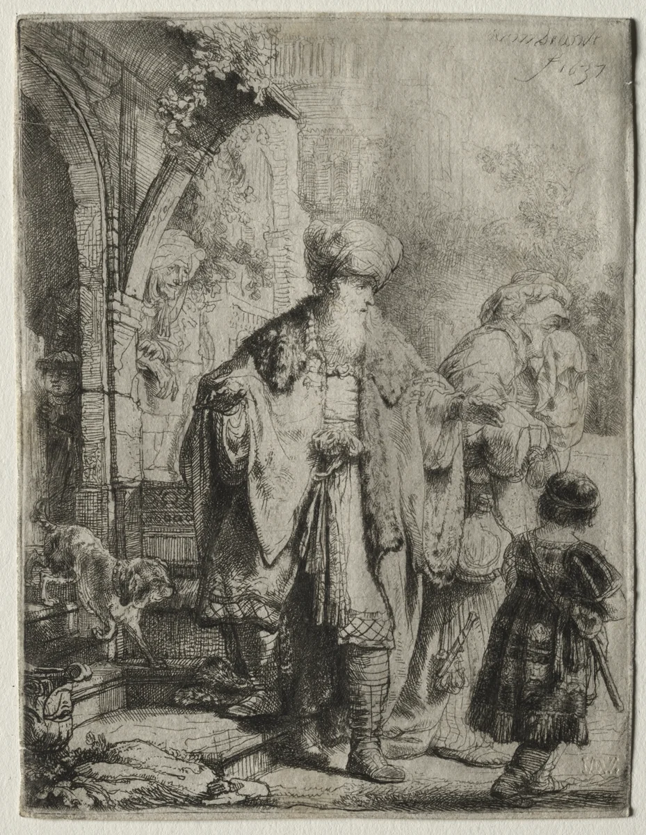 Abraham Casting out Hagar and Ishmael by Rembrandt van Rijn, print, 1637