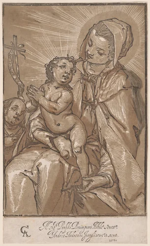 The Virgin and Child with Saint John the Baptist by Andrea Andreani, print, 1591