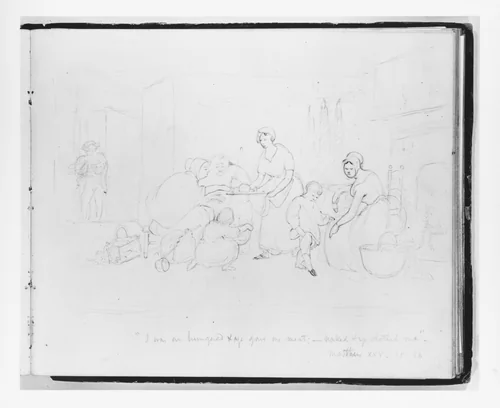 "I was hungered and ye gave me meat; —naked and ye clothed, me." Matthew XXV: 35–36 (from Sketchbook) by Francis William Edmonds, artwork, 1835-1839