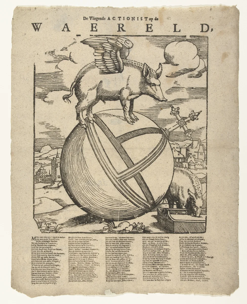 Het gevleugelde varken op de wereld by Cornelis Anthonisz, print, 1541-1545