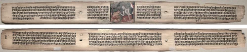 Folio 94 from a Gandavyuha-sutra (Scripture of the Supreme Array): Sudhana and the rishi Bhishmottaranirgosha (recto); text (verso) by Unknown, painting, 1000-1199