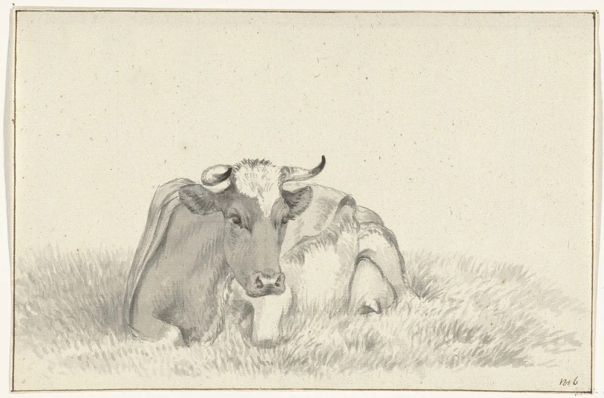 Liggende koe, van voren by Jean Bernard, drawing, 1816