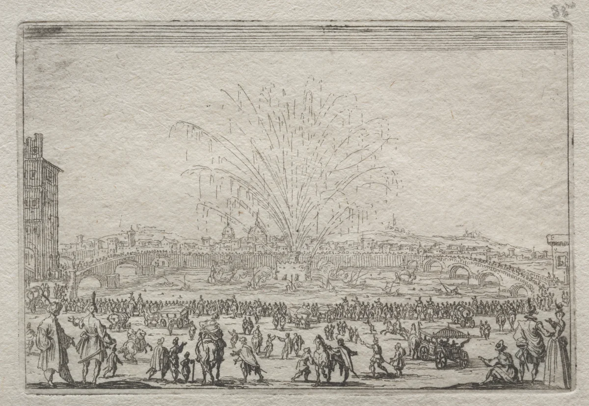 Fireworks on the Arno by Jacques Callot, print, 1617-1627