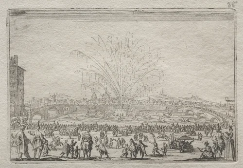 Fireworks on the Arno by Jacques Callot, print, 1617-1627