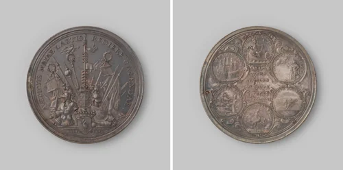 Op het planten van Meibomen door de schutterij van 's Gravenhage by Martinus Holtzhey, metalwork, 1737