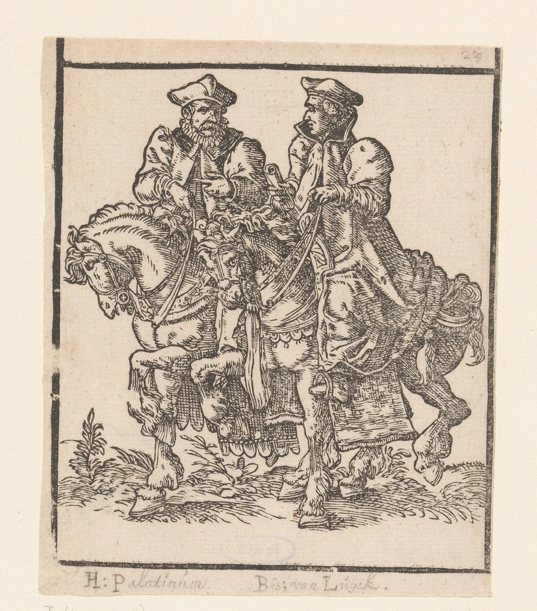 Twee mannen te paard by anonymous, print, 1580