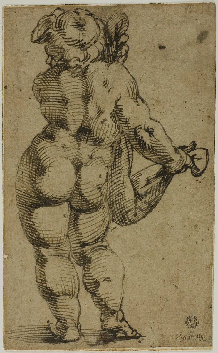 Standing Putto Seen From the Back by Bartolomeo Passarotti, drawing, 1570-1575