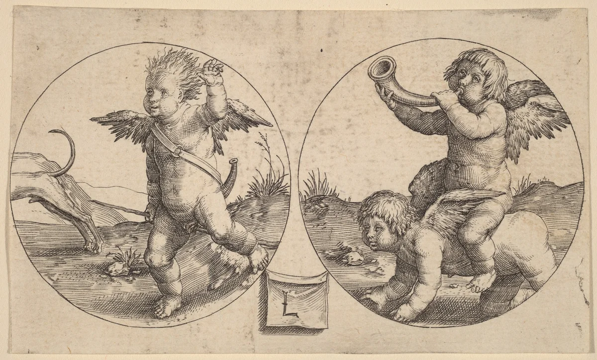 Two Cupids in Two Circles by Lucas van Leyden, print, 1517