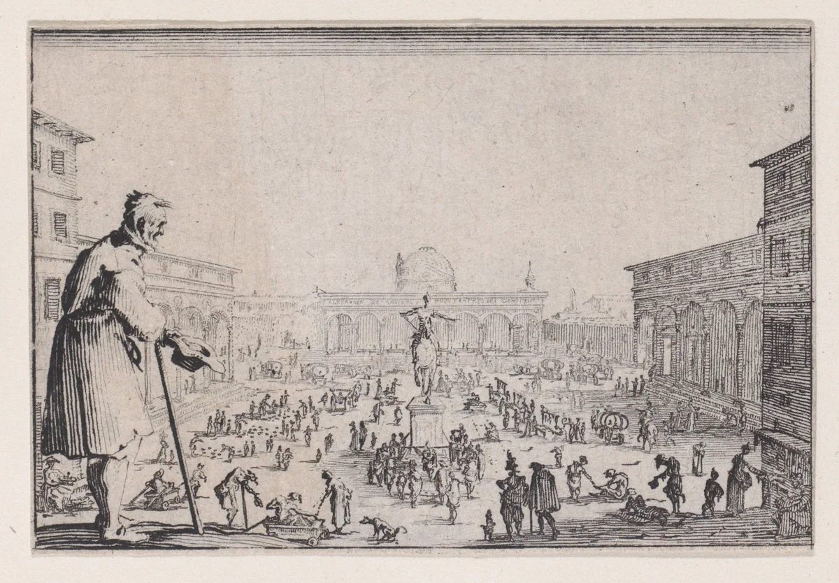 Le Marché de la Place de L'Annonciade a Florence (The Marketplace of L' Annunziata in Florence), from "Les Caprices" Series A, The Florence Set by Jacques Callot, print, 1617