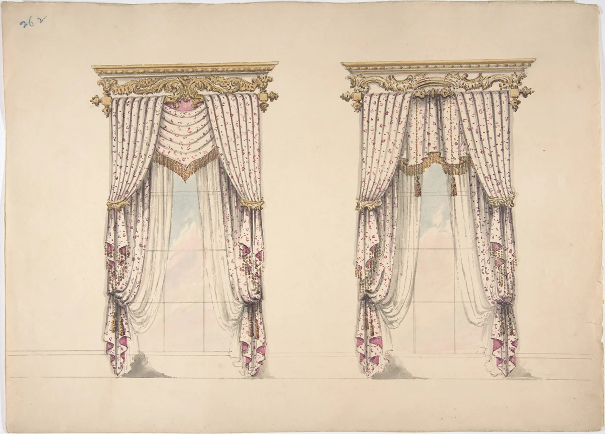 Design for Pink and White Curtains with Gold Fringes, and Gold and White by anonymous, drawing, 1800-1850