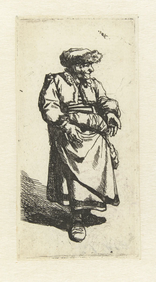 Staande oude vrouw by Cornelis Pietersz. Bega, print, 1642-1664