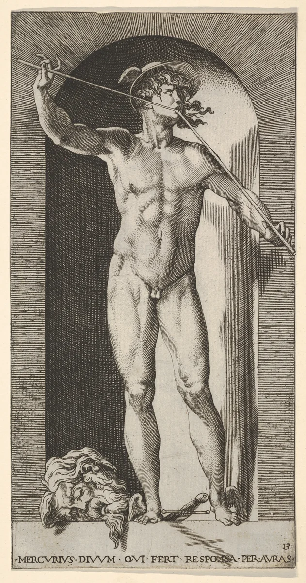 Plate 14: Mercury standing in a niche playing his pipes, with the severed head of an old man and a sword at his feet, from "Mythological Gods and Goddesses" by Giovanni Jacopo Caraglio, print, 1526
