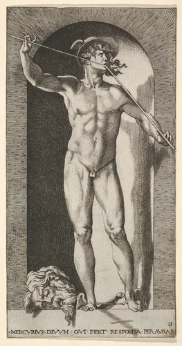 Plate 14: Mercury standing in a niche playing his pipes, with the severed head of an old man and a sword at his feet, from "Mythological Gods and Goddesses" by Giovanni Jacopo Caraglio, print, 1526