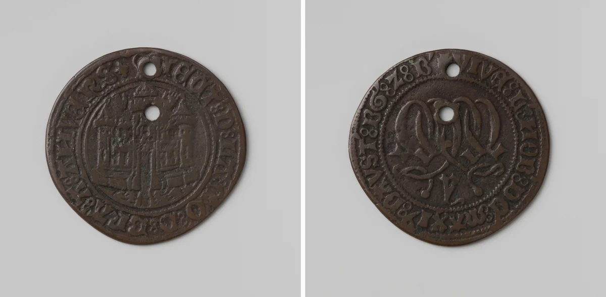 Maximiliaan, aartshertog van Oostenrijk, en Maria, hertogin van Bourgondie, rekenpenning van het hertogdom Brabant by anonymous, metalwork, 1478