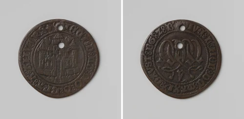 Maximiliaan, aartshertog van Oostenrijk, en Maria, hertogin van Bourgondie, rekenpenning van het hertogdom Brabant by anonymous, metalwork, 1478