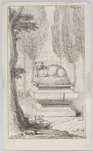 Cat atop a tomb by Charles-Antoine Coypel, print, 1714-1752