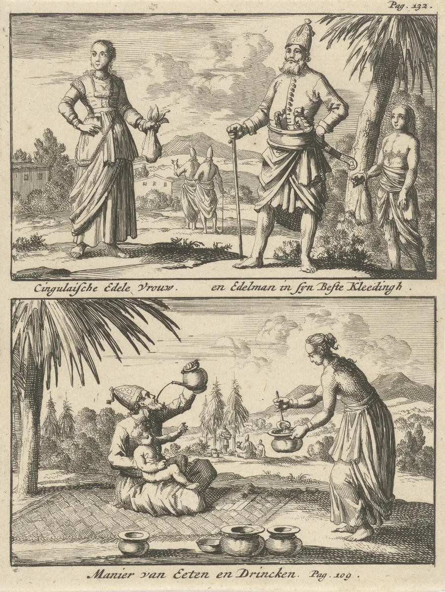 Singalese edelman en edelvrouw / Manier van eten en drinken bij de Singalezen by Jan Luyken, print, 1692