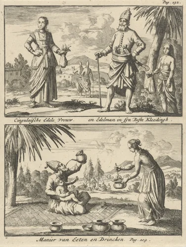 Singalese edelman en edelvrouw / Manier van eten en drinken bij de Singalezen by Jan Luyken, print, 1692