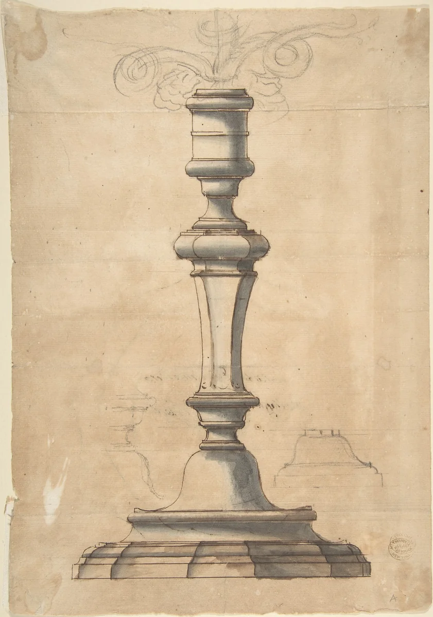 Candlestick with Three Branches by anonymous, drawing, 1700-1800