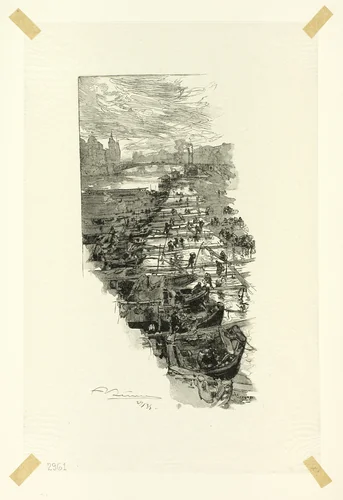 Apple Market, Viewed from the Pont Louis-Philippe, plate seven from Le Long de la Seine et des Boulevards by Louis Auguste Lepère, print, 1890