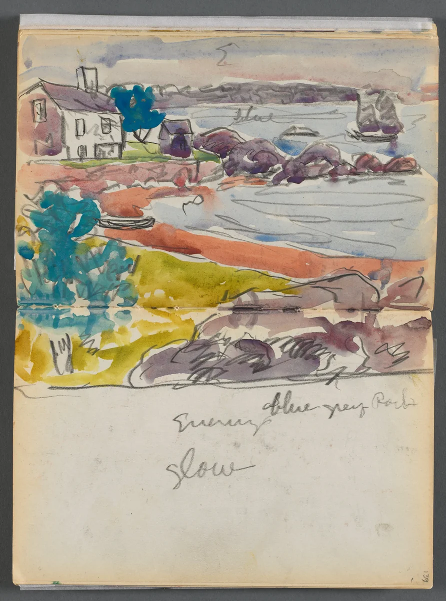 Sketchbook- The Granite Shore Hotel, Rockport, page 138 & 139: "Evening Glow" by Maurice Prendergast, book, 1905-1910
