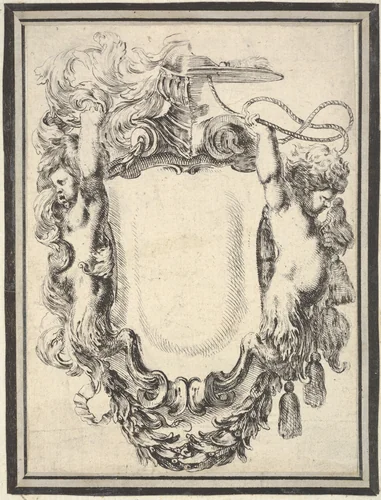 A cartouche flanked by two satyrs, crowned with half a herm and half a cardinal's hat, plate 7 from "Nouvelles inventions de Cartouches" by Stefano della Bella, print, 1647